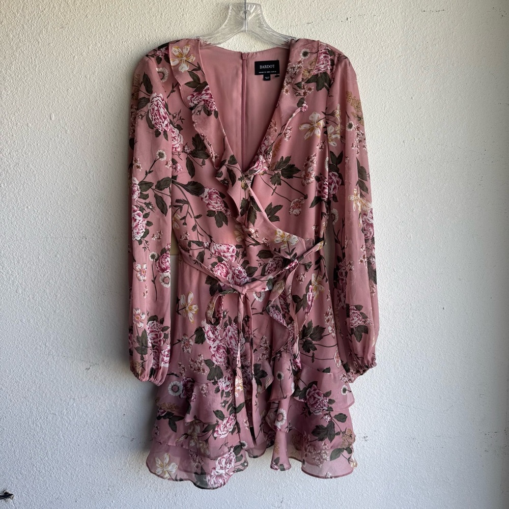 Bardot Hazel Pink Floral Long Sleeve Ruffle Mini Dress with belt Size 6/S - Picture 3 of 11